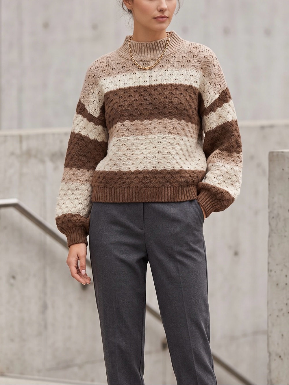 Sweet Wanderer Chunky Striped Cowl-Neck Sweater in Cream and Brown